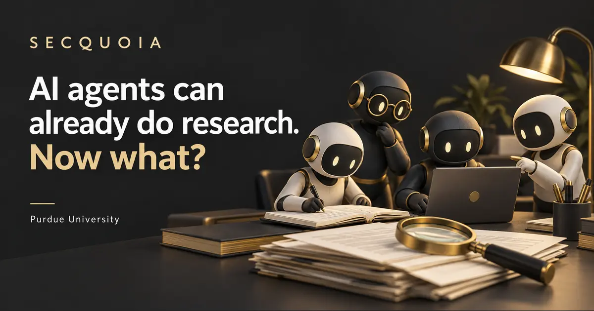 SECQUOIA cover for “AI agents can already do research. Now what?”: a team of AI-agent figures works with research notes and a computer.