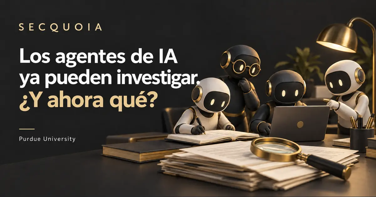 Portada de SECQUOIA para «Los agentes de IA ya pueden investigar. ¿Y ahora qué?»: figuras de agentes de IA trabajan con notas de investigación y una computadora.